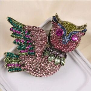 Large Vibrant Rhinestone Owl Brooch Metal Base